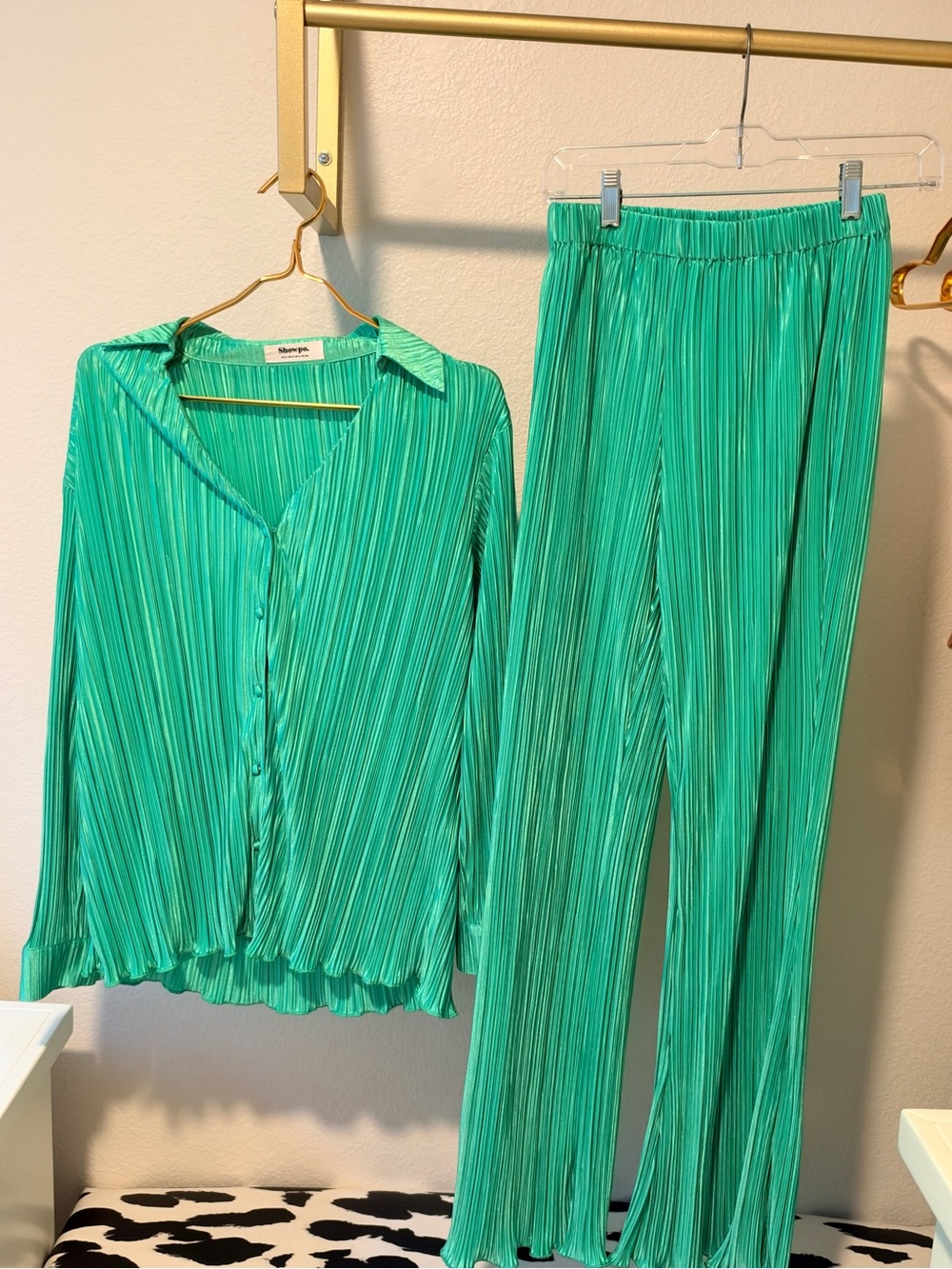 Showpo Emerald Pleated Button-Up Top & Wide-Leg Pants Set